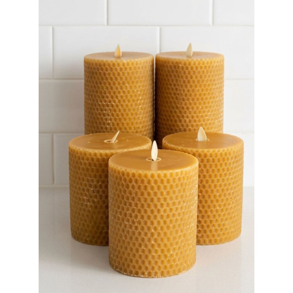 Pottery Barn x Lumira Flameless Honeycomb Pillar Candles Set of 5 Golden Honey